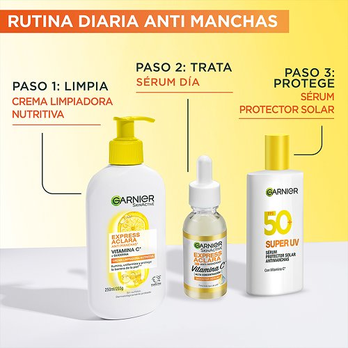 Rutina anti manchas diaria Garnier: limpieza, tratamiento con sérum y protección solar con SPF 50
